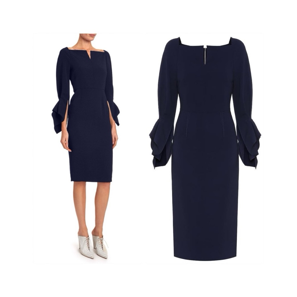 Roland Mouret Rosslare Dress (Sz US 8) Crepe Sheath Midi Navy Blue